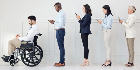 Group, interview and person with a disability in wheelchair at office as candidates for job opportunity or people for inclusion. Staff, community and employees at company in recruitment on technology