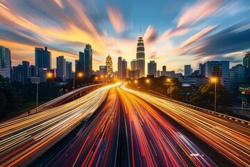 Fototapeta premium Speedy motion forward flyover with beautiful city skyline Sunset scene . 