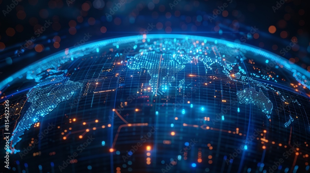Poster digital world map: a 3d vector illustration of a digital globe with rotating continents