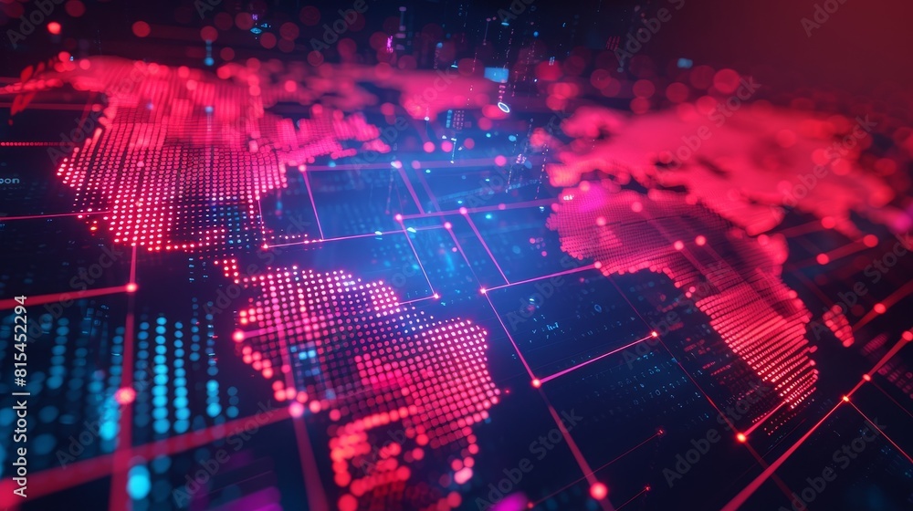 Poster digital world map: a 3d vector illustration of a digital world map with digital lines connecting cit
