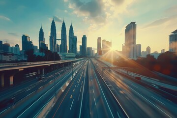 Obraz premium Speedy motion forward flyover with beautiful city skyline Sunset scene . 