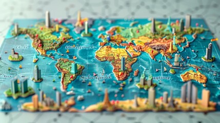 Naklejka premium Education and Learning: A 3D vector illustration of a map with pins indicating historical landmarks