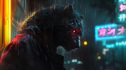 A dark, moody portrait of a creature, halfbeast, halfmachine, standing in the rain with reflective surfaces and neon lights highlighting its dual nature
