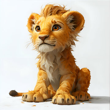 recommend clip art: Lion cub sits on a white background. 3D rendering.