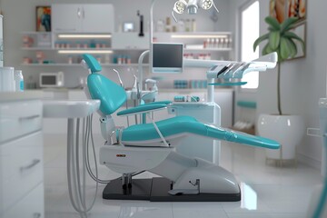 Dental chair and dental equipment in a blue colored background. Dentist office interior design, 3D rendering illustration. copy space for text.