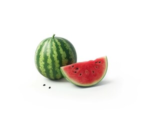 Watermelon, cut in half with whole watermelons behind it on white background.
