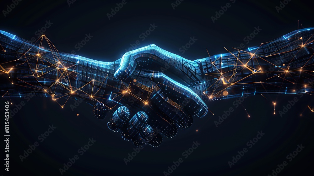 Poster a digital handshake on blue technical backdrop with empty space for text or product. copy space for 