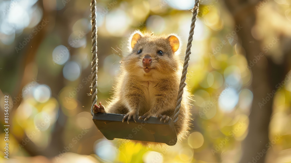 Wall mural Dynamic composition capturing the exuberance of a quokka on a swing, with a bokeh background adding depth and dimension to the delightful moment of pure happiness. - Wall murals