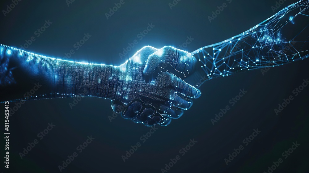 Poster a digital handshake on blue technical backdrop with empty space for text or product. copy space for 