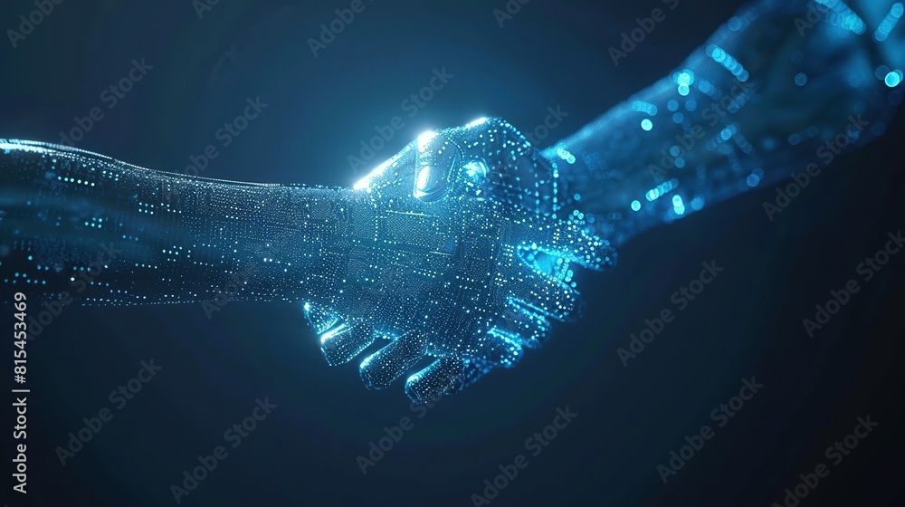 Poster a digital handshake on blue technical backdrop with empty space for text or product. copy space for 