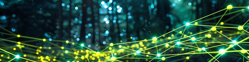 Obraz premium A vibrant network of interconnected nodes in neon green and bright yellow