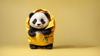 A baby panda is sitting in a yellow sack and looking at the camera.  