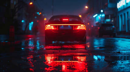 Car undercarriage neon lights shine with minimalism on a dark urban street, Ai generated Images