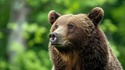 Captivating close-up of a brown bear with a soft bokeh background of verdant greenery, evoking a sense of tranquility and serenity in its natural environment.