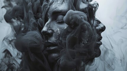 Surreal fashion closeup portrait in molten gray paint with dynamic lighting and composition - Powered by Adobe