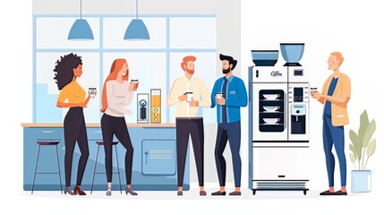 Coffee Break at the Office: Colleagues gather around the coffee machine, sharing stories and enjoying a quick coffee break to recharge during a busy workday