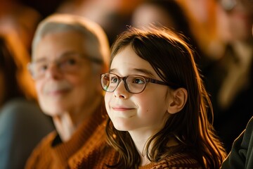 A diverse group of individuals sitting in an auditorium, attentively watching a movie on the big screen