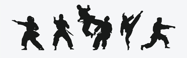 Set of silhouettes of karateka, male and female athletes. Martial arts, competition, fighting. Different pose, movement on isolated background. Vector illustration. © Irkhamsterstock