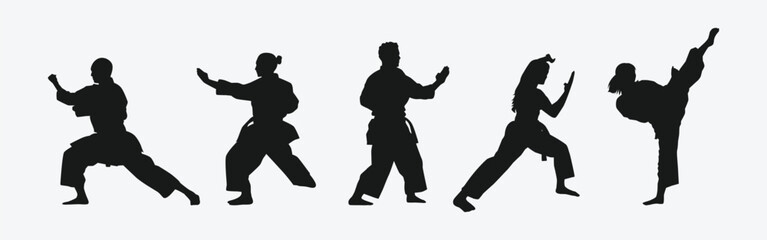 Set of silhouettes of karateka, male and female athletes. Martial arts, competition, fighting. Different pose, movement on isolated background. Vector illustration.