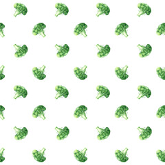Repeat seamless pattern with green plant healthy vegetable broccoli, cabbage family. Hand drawn watercolor illustration for wrapping wallpaper fabric textile