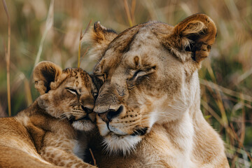 A mother lioness affectionately nuzzles her cub, embodying warmth and mother's love.