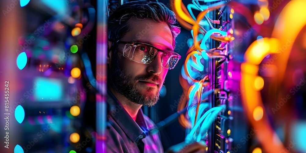 Poster an administrator is surrounded by multiple computer servers in a room. concept technology, network, 