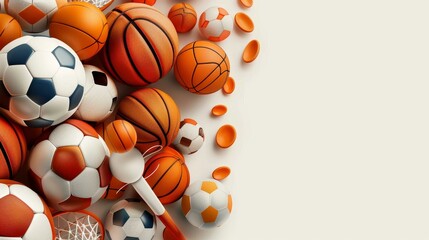 Illustrative kids background with playful sports theme, featuring basketballs and soccer balls, Ai Generated