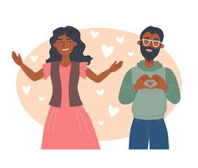 Sincere man and woman, flat characters. Grateful smiling girl opened her arms, the guy shows his heart. Vector illustration. 