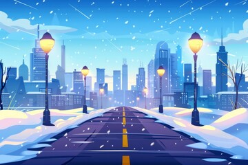 Obraz premium Road to winter city, empty highway with street lamps, blizzard and snowdrifts. Modern town buildings skyline at wintertime season.