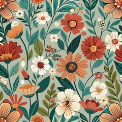 Seamless pattern of romantic wildflowers in a nostalgic color palette, Generative AI 