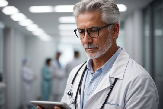 senior male doctor in white uniform with stethoscope checking patient data using digital tablet