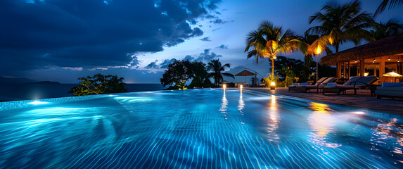 Fototapeta premium A luxurious tropical resort pool at night, perfect for relaxation and vacation. The pool is surrounded by palm trees and ambient lighting, creating a serene and beautiful atmosphere.