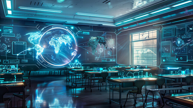 focus on, technology in education theme, futuristic, Multilayer, digital classroom as backdrop.
