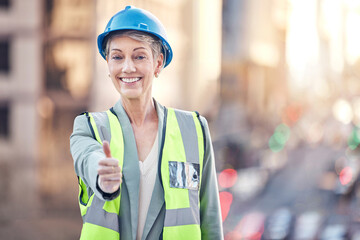 Construction worker, woman and thumbs up for portrait in city for vote, choice or good service. Mature architect, metro building and like sign for urban expansion, property or real estate development