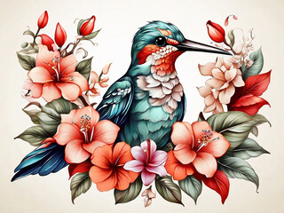 Beautiful tropical bird on exotic flowers in vintage style hummingbirds on white background Elegant tattoo design