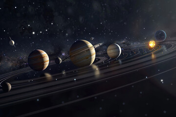 Generative ai on theme of parade of planets in solar system, bright stars glow in atmosphere