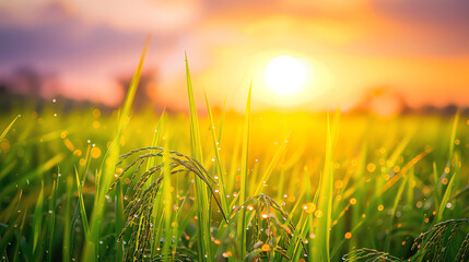 Fototapeta premium selective focus, joy of harvest theme, vibrant, Overlay, rice field at sunset as backdrop.