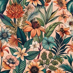 Seamless pattern of vintage botanical prints arranged in a collage, Generative AI