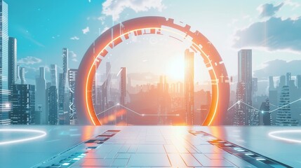 A background for an online presentation on the theme of future city development, featuring elements like futuristic buildings and modern urban design. 