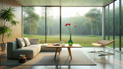 A minimalist living room with sleek modern furniture, featuring a small picnic setup on a low coffee table adorned with a single stem flower in a glass vase, with a view of a lush green garden through - Powered by Adobe
