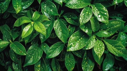 Imagine the serene beauty of dew kissed green leaves in a lush rainforest glistening like precious gems under a gentle shower The vibrant wet foliage of a garden post rain paints a natural  - Powered by Adobe