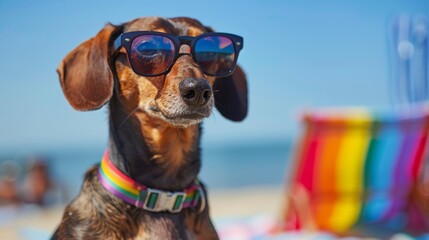 A dog wearing sunglasses and a rainbow collar is sitting on a beach