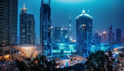 An underwater metropolis lit by bioluminescent creatures , bustling with aquatic life