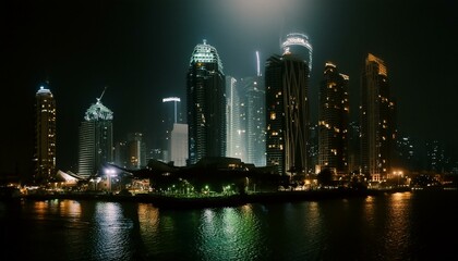 Fototapeta premium An underwater metropolis lit by bioluminescent creatures , bustling with aquatic life