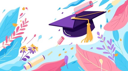 A graduation cap and diploma are surrounded by colorful leaves and flowers