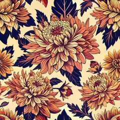  Seamless pattern of vintage chrysanthemums arranged in a timeless bouquet, Generative AI