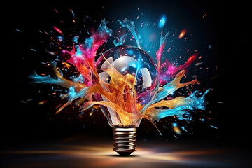 Generative ai on theme of beautiful abstract creative light bulb explodes with colorful paint