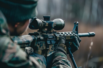Generative ai on theme of a man aims through the optical sight of sniper rifle to hit the target