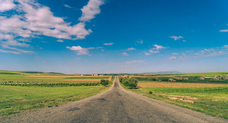 A long road with a clear blue sky above it