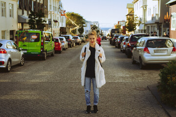 Woman tourist walking in Reykjavik, Iceland